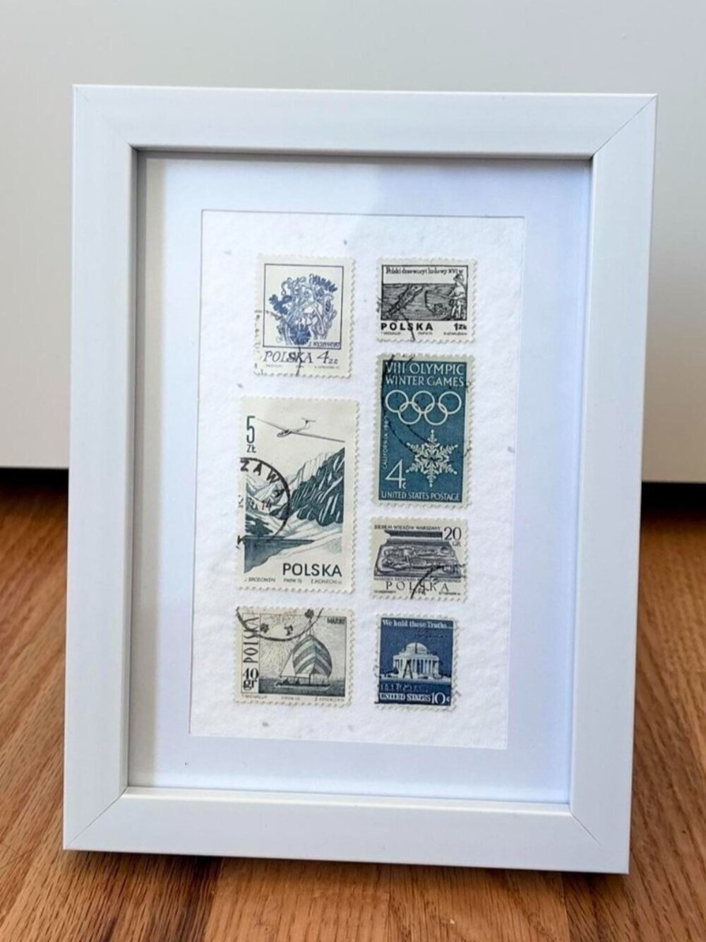Framed Vintage Stamp Collage • Antique Ephemera Art • Travel Gallery Wall Decor